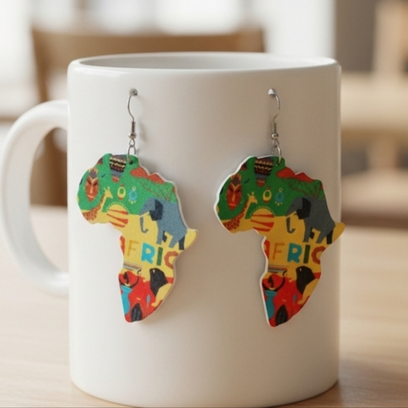 African Map Animal Wood Painted Tribal Earrings. Length 3.0 inches - Picture 2 of 6